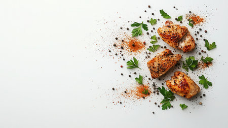 Enjoy a vibrant arrangement of grilled chicken pieces garnished with fresh herbs and spices, ideal for showcasing culinary creativity and flavor.の素材