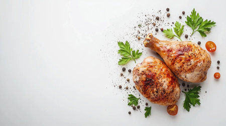 Enjoy the savory allure of juicy grilled chicken drumsticks adorned with spices and fresh herbs, perfect for any meal or barbecue gathering.の素材