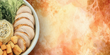 A vibrant bowl filled with sliced chicken and fresh vegetables, resting on an artistic orange background. Perfect for healthy meal inspiration.の素材