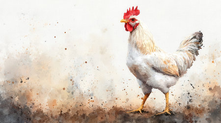 This beautiful watercolor artwork features a proud white hen standing against a light, colorful background. It captures the charm of farm life and nature.の素材