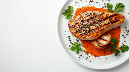 A beautifully presented grilled chicken breast served on a white plate with a vibrant sauce and fresh parsley garnish, perfect for healthy meals.の素材