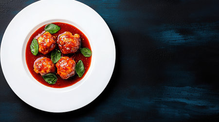 Enjoy a plate of Italian meatballs nestled in rich tomato sauce, garnished with fresh basil. A perfect dish for dining or culinary projects.の素材