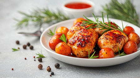 A beautifully plated dish featuring grilled chicken served with roasted potatoes and fresh herbs. This vibrant meal captures comfort food at its best, ideal for home cooking enthusiasts.の素材