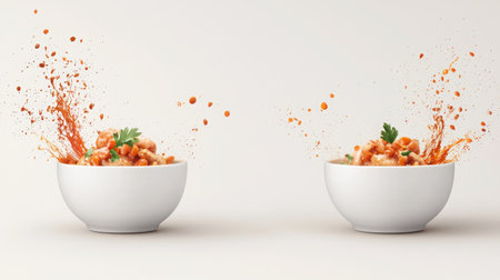 A visually striking image showcasing two white bowls filled with colorful ingredients showcasing dynamic splashes that create an artistic and appetizing food presentation.の素材