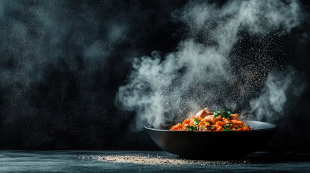 A mouth-watering Asian stir-fry dish steaming with vibrant vegetables sits in a dark bowl, showcasing rich colors and textures in a contemporary setting.の素材
