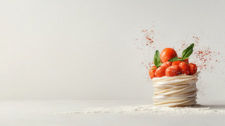 A creative arrangement of fresh tomatoes atop a creamy pasta nest, accented with herbs, showcased against a soft background. Perfect for culinary and food photography themes.の素材