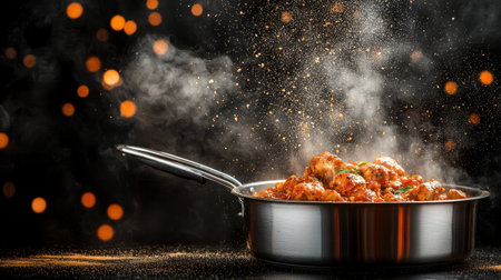 A beautifully captured dish in a shiny pan steaming with fresh ingredients and spices, creating an inviting and flavorful culinary scene.の素材