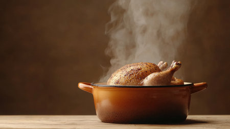 A freshly roasted chicken emits steam as it rests in a rustic pot on a wooden table, showcasing a warm and inviting meal perfect for gatherings.の素材