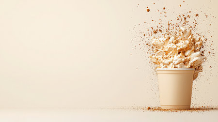 A dynamic image capturing the lively moment of whipped cream exploding from a paper cup, surrounded by flying sprinkles, evoking a sense of fun and indulgence.の素材