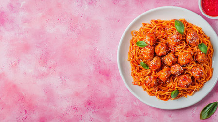 A vibrant dish of Asian noodles topped with sweet meatballs and fresh basil, set against a playful pink background, perfect for food lovers.の素材