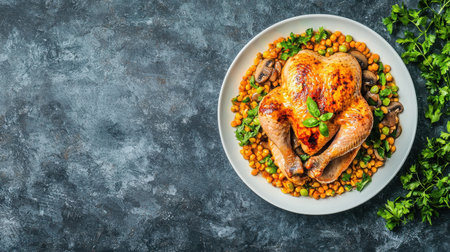 A whole roasted chicken beautifully presented on a plate surrounded by chickpeas and herbs, perfect for dinner occasions or culinary inspirations.の素材