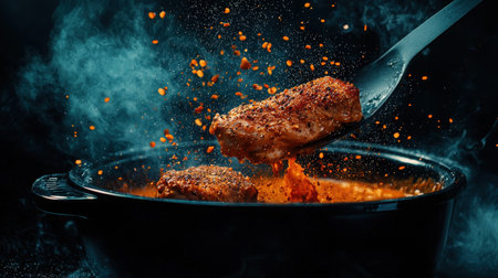 A striking image of seasoned meat being lifted from a pot, surrounded by steam and vibrant splashes. The scene captures the essence of culinary art in a dynamic kitchen setting.の素材