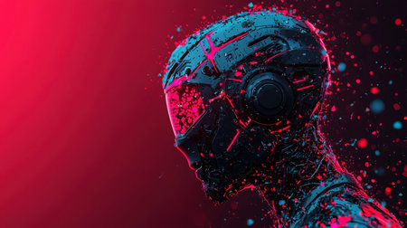 This vivid digital artwork showcases a futuristic cybernetic figure with glowing elements, combining vibrant colors and abstract design for a captivating technological theme.の素材
