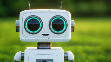 A charming robot with oversized expressive eyes, set against a vibrant green backdrop, exudes joy and curiosity, perfect for showcasing technology's playful side.の素材