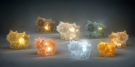 A collection of colorful piggy bank figurines illuminated from within, symbolizing savings and financial growth. Perfect for home decor or gifts.の素材