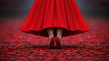 A stunning portrait of a woman in a flowing red dress and matching shoes, surrounded by vibrant red petals. The soft focus creates a dreamy effect.の素材