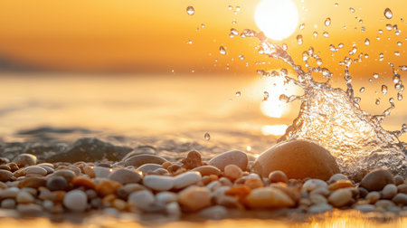 A stunning sunset scene over a tranquil beach showcases a vibrant water splash amid colorful pebbles, reflecting the warm hues of evening light.の素材