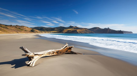 A stunning beach scene featuring a piece of driftwood resting on golden sand, with gentle waves lapping at the shore. Coastal hills rise under a clear blue sky, creating a serene and peaceful atmosphere.の素材