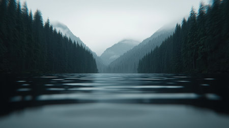 A tranquil lake scene enveloped in mist, surrounded by dense pine forests and towering mountains, creating a serene and peaceful natural landscape perfect for relaxation.の素材