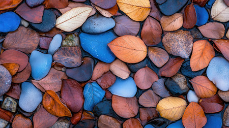 A vibrant composition of colorful leaves and smooth stones resting on a wet surface, ideal for nature-themed projects or backgrounds.の素材