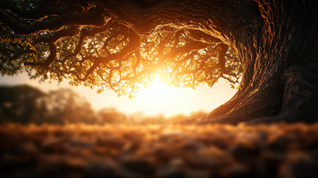 A majestic tree stands tall under warm golden sunlight, showcasing textured bark and vibrant green leaves, radiating a peaceful and serene atmosphere.の素材