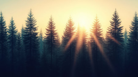 Experience a beautiful sunrise illuminating a dense evergreen forest, with soft sunlight breaking through mist. A serene escape into natureの素材