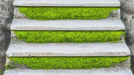Weathered concrete steps adorned with vibrant green moss illustrate nature's resilience in an urban setting. A serene scene for architectural and environmental themes.の素材