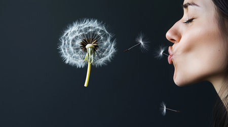 A captivating moment of a woman blowing dandelion seeds, embodying a sense of freedom and whimsy. The soft gray background enhances the delicate beauty of nature.の素材