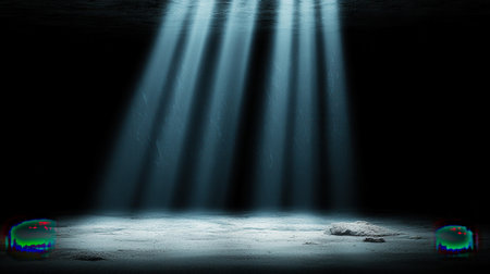 Captivating image of light rays breaking through a dark cave, illuminating a stone floor and creating a mysterious atmosphere, perfect for various creative projects.の素材