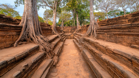 This captivating image features an ancient pathway framed by towering trees and weathered stone steps, offering a serene glimpse into nature's beauty and history.の素材