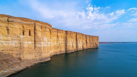 A stunning cliffside landscape showcasing towering rock formations beside tranquil ocean waters under a clear blue sky. Perfect for nature enthusiasts.の素材