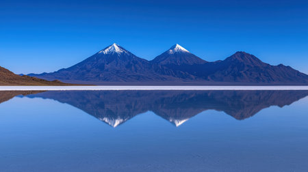 Experience the breathtaking view of majestic snow-capped volcanoes mirrored in a tranquil salt flat, showcasing the stunning beauty of nature's untouched landscapes.の素材