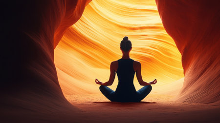A tranquil scene of a woman meditating in a colorful canyon at sunrise, symbolizing inner peace and harmony with nature. Perfect for wellness themes.の素材
