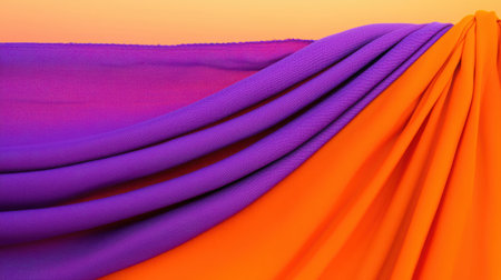 This image showcases vibrant orange and purple fabric drapery, highlighting the smooth texture and elegant folds. Ideal for creative projects and backgrounds.の素材