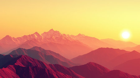 A stunning mountain landscape captures the serene beauty of a sunset, featuring vibrant orange and purple sky colors illuminating the peaks and valleys.の素材