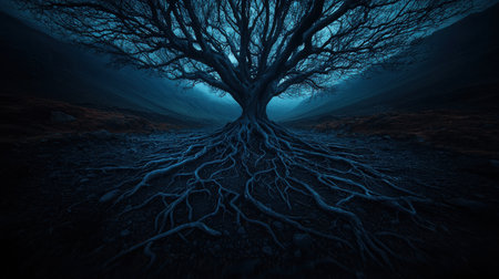 A haunting image of a dark, leafless tree surrounded by intricate roots, shrouded in fog. This atmospheric scene captures the essence of mystery and solitude in nature.の素材