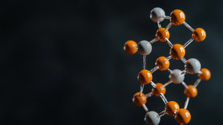 A detailed representation of a molecular structure showcasing orange and gray atoms, symbolizing chemical bonding and scientific research. Perfect for educational and scientific imagery.の素材