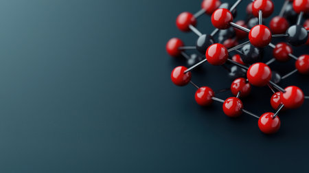 This abstract image showcases a molecular structure with red and black spheres on a dark background, perfect for scientific and technological themes.の素材