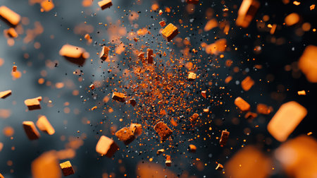 An eye-catching visual of orange brick particles bursting apart, creating a vibrant explosion against a dark background, emphasizing energy and motion.の素材