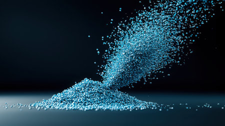 A visually striking image showcasing fine blue granules pouring from above, creating an artistic pile against a dark background. The motion and texture evoke a sense of fluidity and depth.の素材