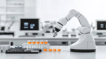 A robotic arm is seen conducting analysis on orange samples in a modern laboratory, showcasing automation in scientific research and technological advancement.の素材