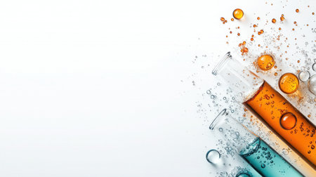 A stunning display of laboratory glassware filled with colorful liquids, creating a dynamic visual effect with floating bubbles on a clean background.の素材
