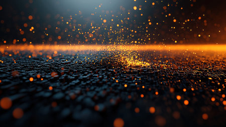 A mesmerizing scene of glowing particles suspended in a dark atmosphere, creating a vibrant ambiance filled with energy and beauty. Ideal for artistic projects.の素材