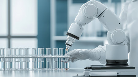 A robotic arm meticulously handles laboratory equipment, showcasing the future of automated testing and analysis in scientific research and innovation.の素材