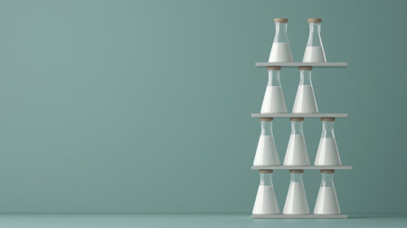 A striking display of laboratory glassware, featuring flasks filled with a white liquid, arranged neatly on shelves against a soft green backdrop, emphasizing a minimalist and modern design perfect for educational or scientific purposes.の素材