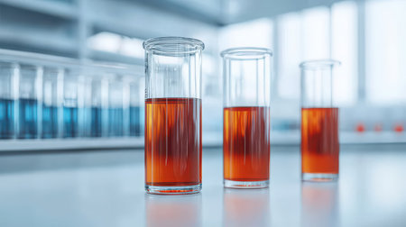 A close-up view of three test tubes filled with orange liquid on a laboratory counter, showcasing modern research equipment in a bright science facility.の素材