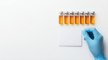 A healthcare professional in a blue glove prepares several vaccine vials filled with orange liquid, alongside a blank card for documentation, emphasizing laboratory safety and preparation.の素材