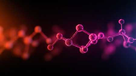 This vibrant image showcases an abstract representation of molecular structures, highlighting chemical bonds and atoms, suitable for scientific themes in various contexts.の素材