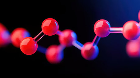 This striking image features a bright red molecular structure against a colorful abstract background, emphasizing science and research themes.の素材