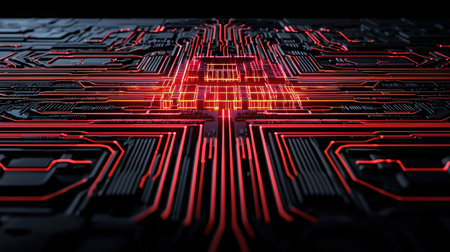 This image features an abstract circuit board with bright red lines against a dark background, symbolizing technology and innovation. Ideal for tech-related projects.の素材